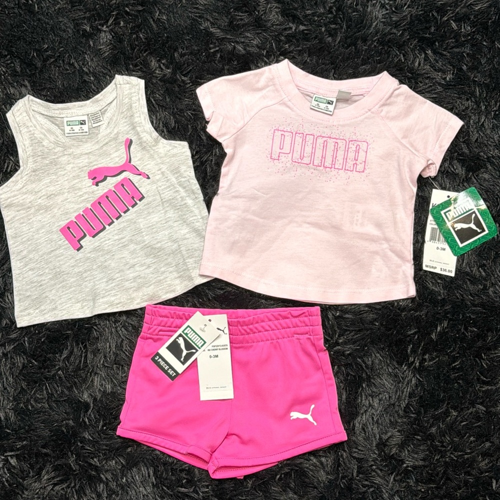😄H-P💕Puma: Baby Girls 0-3Months, 3-Piece Logo Tee, Tank Top & Shorts Set😄💕